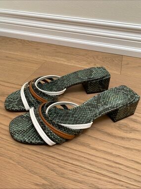 Charles & Keith Green Snake-Print Block Heel Slides with White and Brown Straps